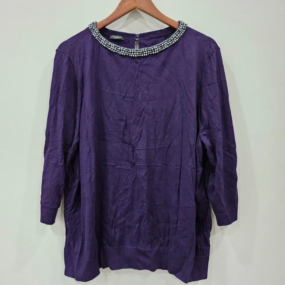 Talbots Womens Embellished Sweater 2XP Purple Beaded Long Sleeve Statement Glam